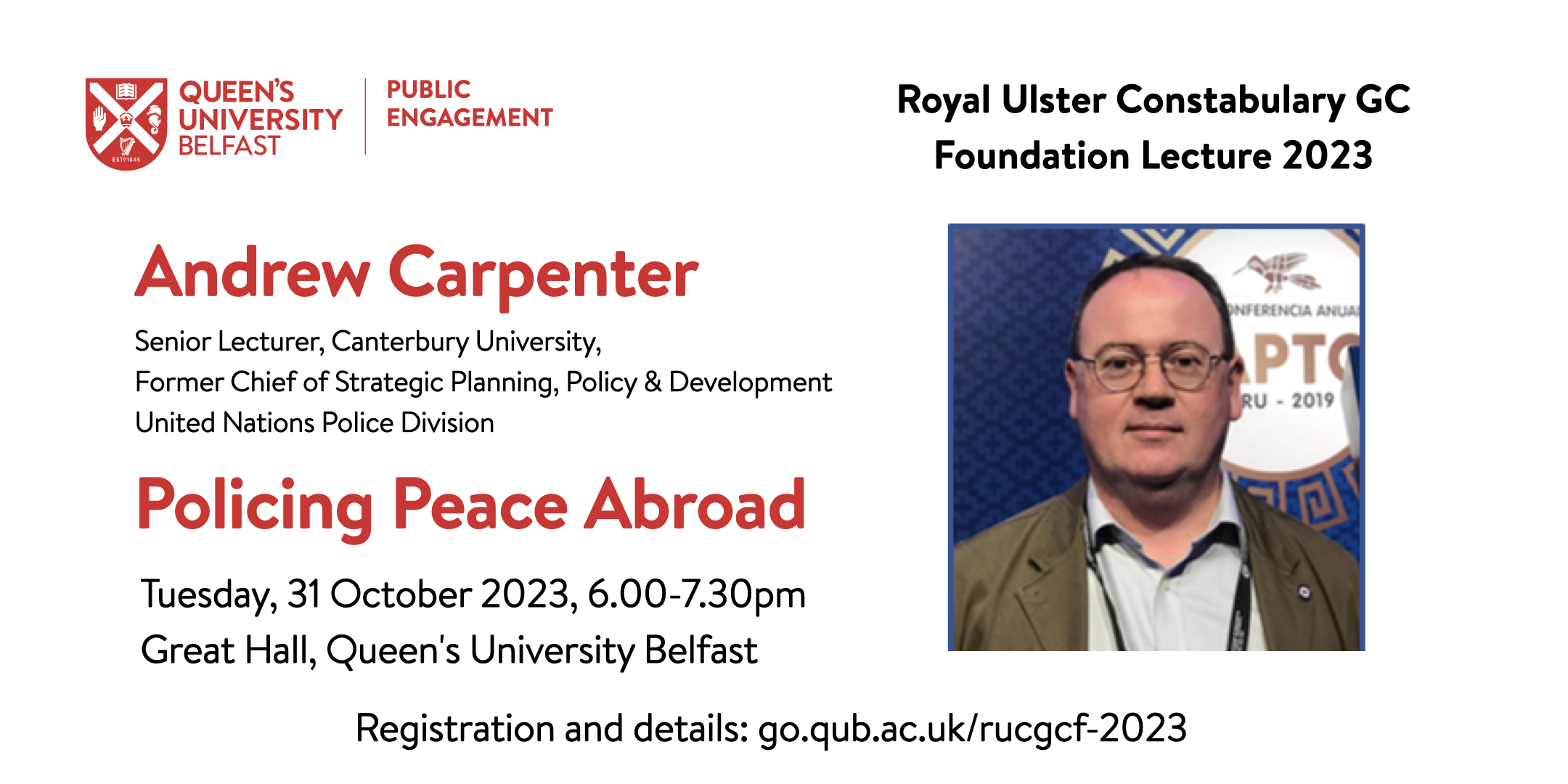 RUC GC Foundation event slide: photo of Andrew Carpenter, title and details.