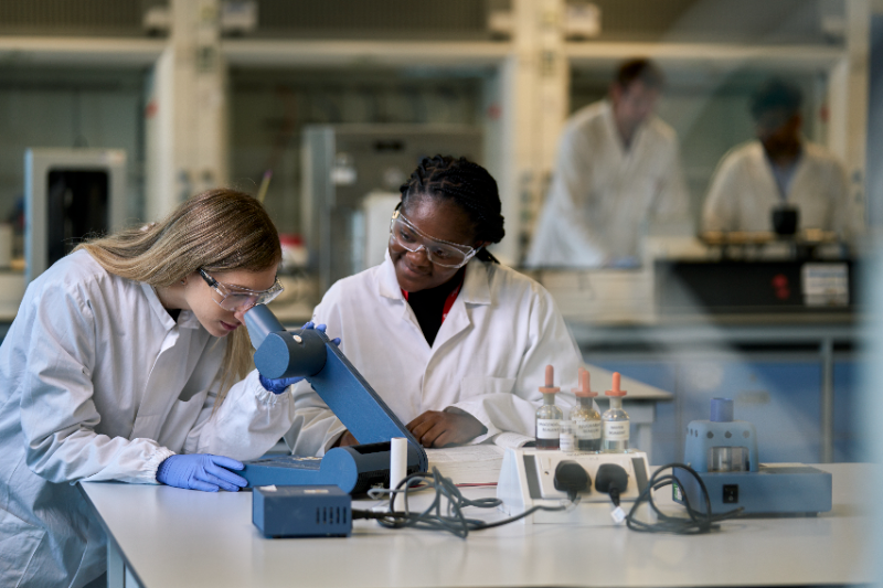 two young professionals in a lab, one using a microscope