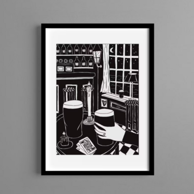 Artist's print of two pints of Guinness in a bar