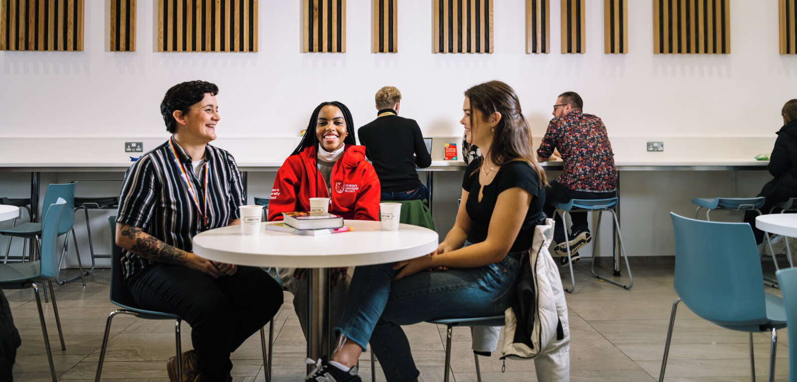 Three students sitting at table in Junction Cafe