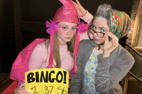 Niamh and friend in fancy dress for QUB Surf social