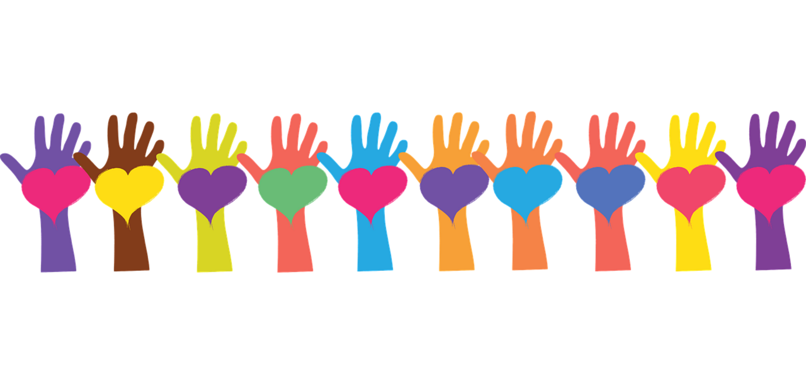 Hand of various colours in the air with hearts on them